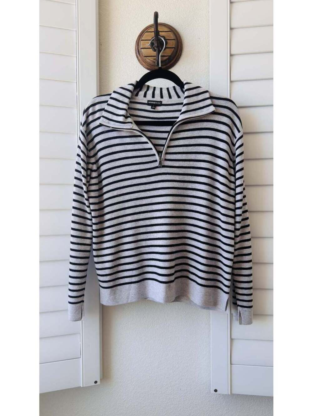 Minnie Rose Striped Quarter-Zip Cashmere Blend Knit Size L
